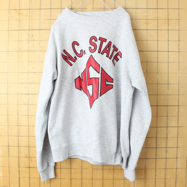 80s 90s USA製 N.C.STATE プリント スウェット 杢グレー メンズL相当 アメリカ古着