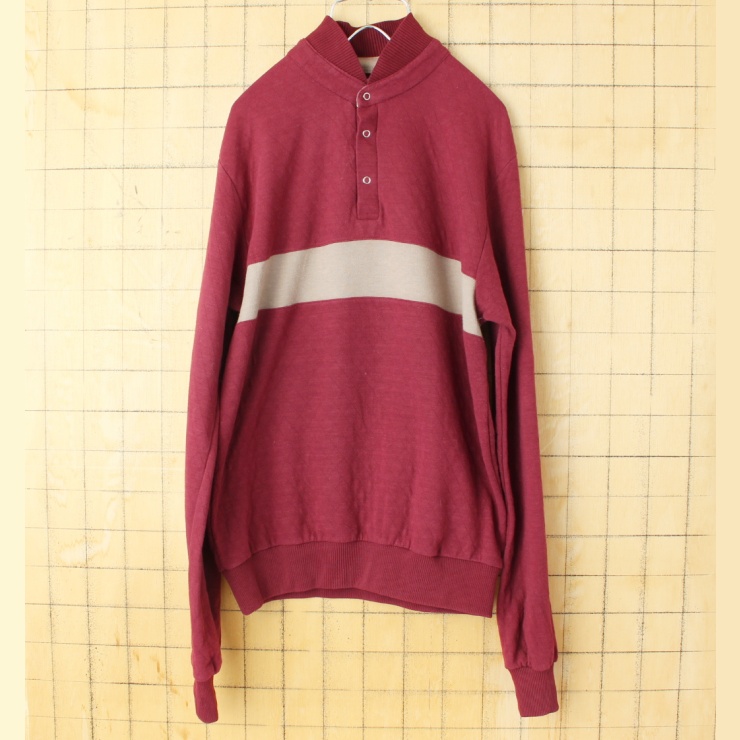 80s USA PETER B ハイネック 長袖 Tシャツ ボルドー レッド メンズSM相当 ロンT アメリカ古着