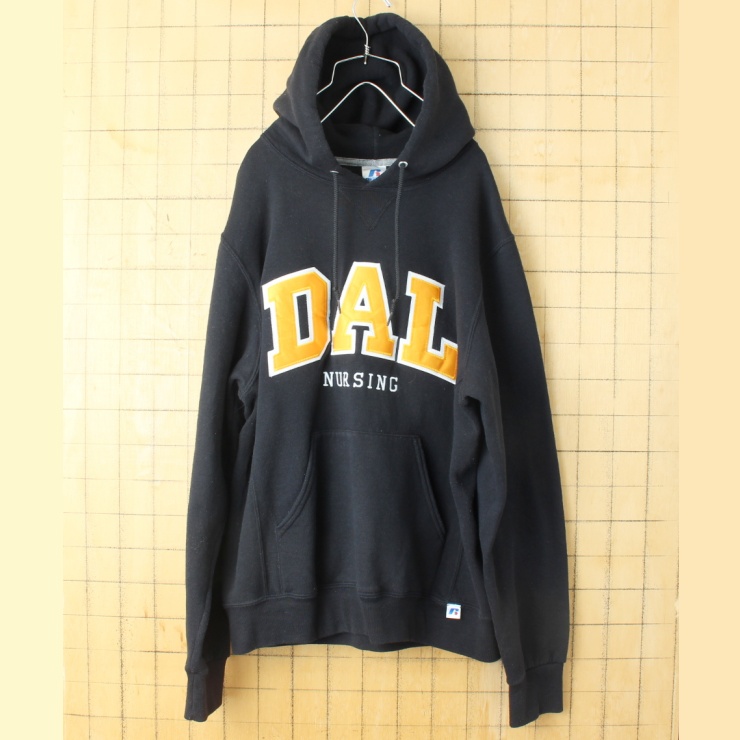 00s USA RUSSELL ATHLETIC DAL ワッペン スウェット パーカー ブラック メンズM フーディー アメリカ古着