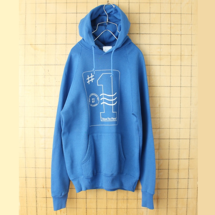 80s USA製 SANTEE sweats プリント スウェット パーカー ブルー メンズM フーディー アメリカ古着