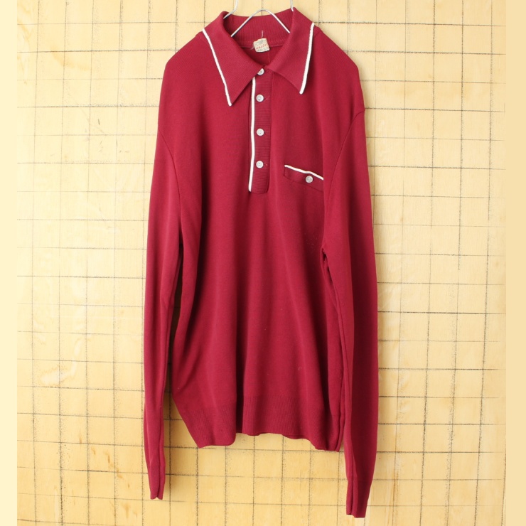 60s 70s USA Sonata Ban-Lon バンロン 長袖 ポロシャツ メンズL ボルドー レッド ナイロン アメリカ古着