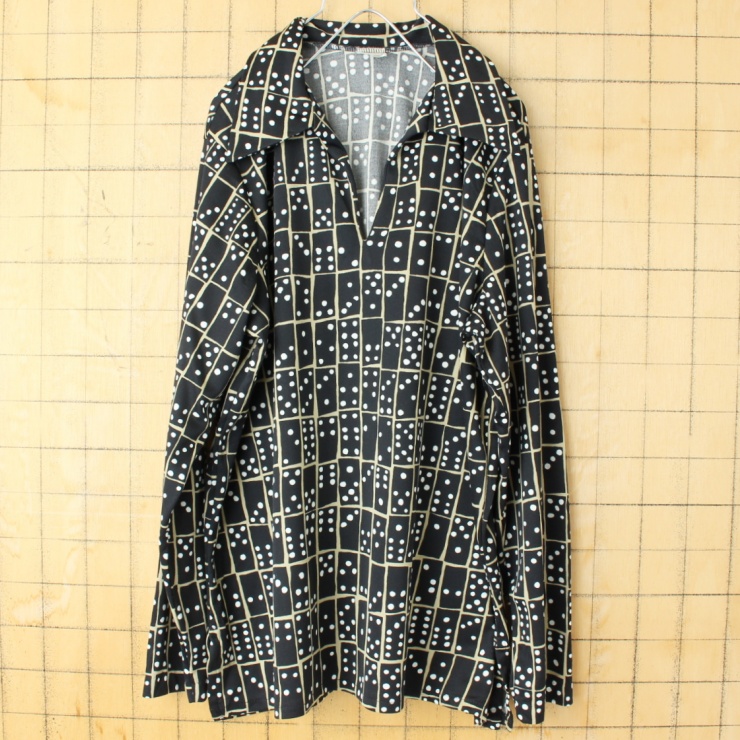 70s 80s USA Queen's Way to Fashion ドミノ柄 ポリニット 長袖ポロシャツ メンズL相当 ブラック アメリカ古着