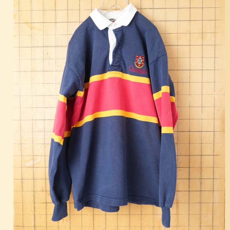 90s CANADA製 BARBARIAN バーバリアン Queen's UNIVERSITY 長袖ラガーシャツ ネイビー メンズXL アメリカ古着