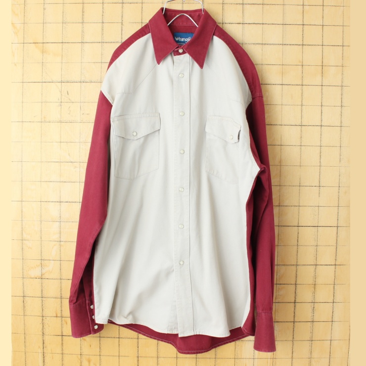 80s 90s USA Wrangler ラングラー ウエスタン シャツ ベージュ レッド メンズL相当 長袖 アメリカ古着