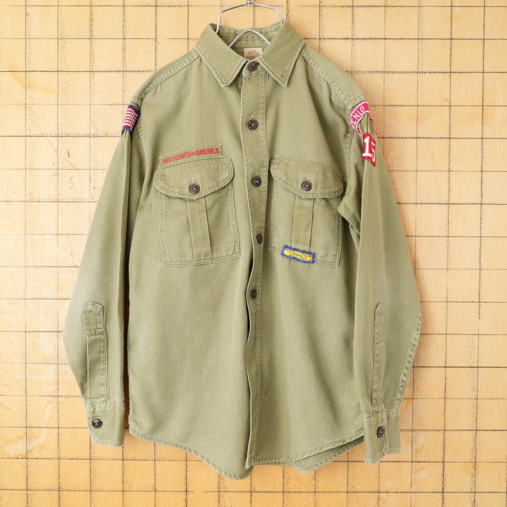60s 70s USA製 ボーイスカウトシャツ アウトドア レディースSM相当 メンズXS相当 カーキ 長袖 アメリカ古着