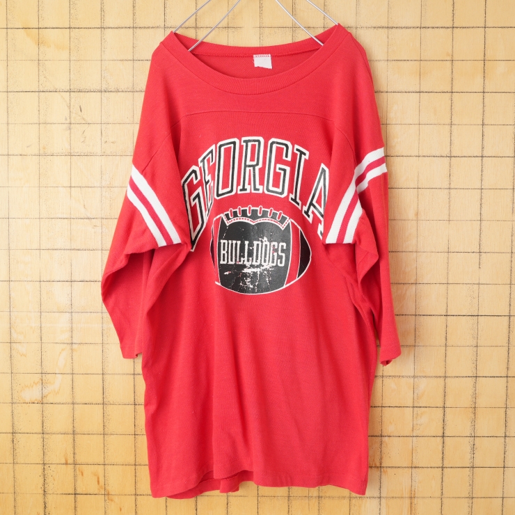 70s 80s USA GEORGIA BULLDOGS プリントフットボールTシャツ レッド メンズL相当 5部袖 アメリカ古着
