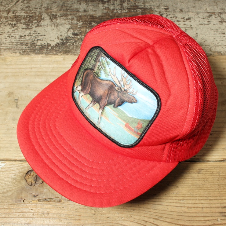 USA ヘラジカ 立体ワッペン メッシュ キャップ 帽子 レッド 赤 フリーサイズ アメリカ古着