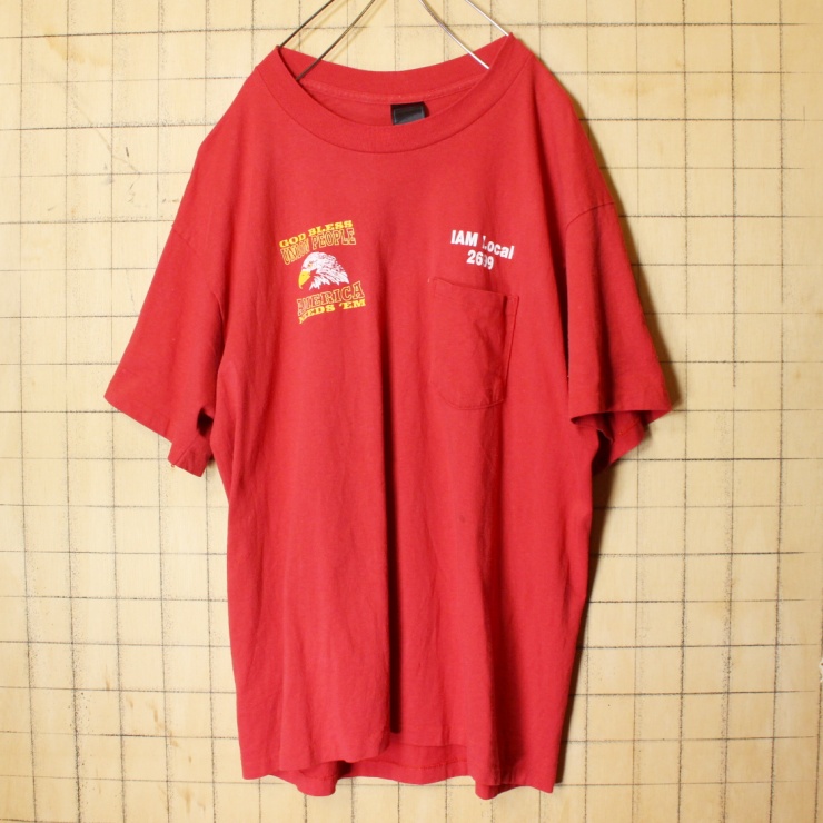 80s 90s USA GOD BLESS UNION PEOPLE 1ポケット 両面プリント Tシャツ レッド 半袖 メンズL相当 アメリカ古着