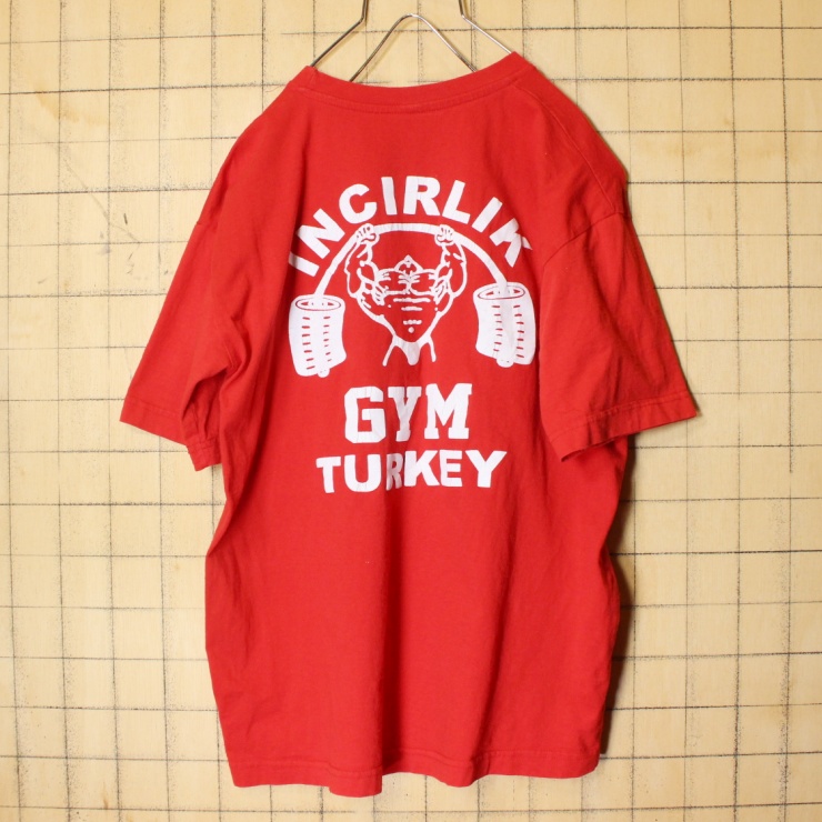 80s90s GYM TURKEY両面プリントTシャツレッド半袖ML ss108