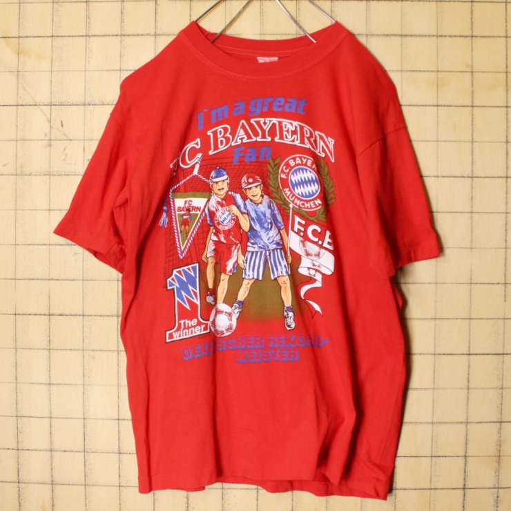 70s 80s EURO プリント Tシャツ レッド 半袖 メンズSM相当 ヨーロッパ古着