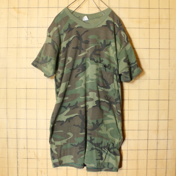 70s 80s USA製 5050 1ポケット カモフラ Tシャツ グリーン 半袖 メンズL 迷彩 アメリカ古着
