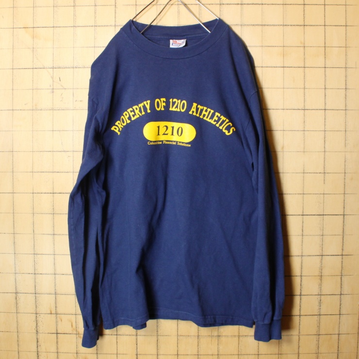 USA Hanes ヘインズ 両面プリント 長袖 Tシャツ ロンT ネイビー ブルー 青 メンズM PROPERTY OF 1210 ATHLETICS アメリカ古着