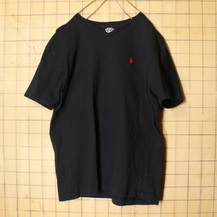 Polo Ralph Lauren ポロ ラルフローレン Vネック ワンポイント Tシャツ ブラック 半袖 メンズM アメリカ古着