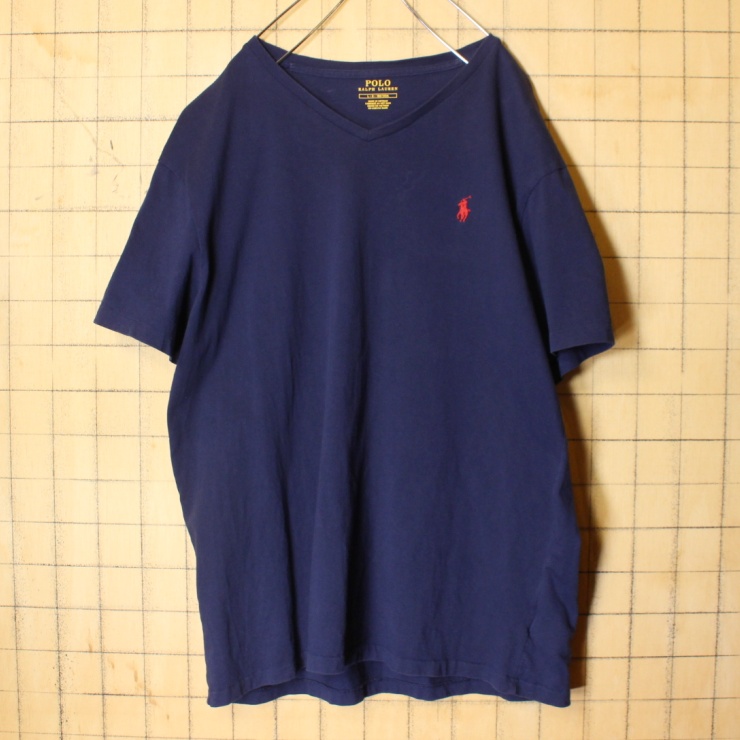 Polo Ralph Lauren ポロ ラルフローレン Vネック ワンポイント Tシャツ ネイビー 半袖 メンズL アメリカ古着