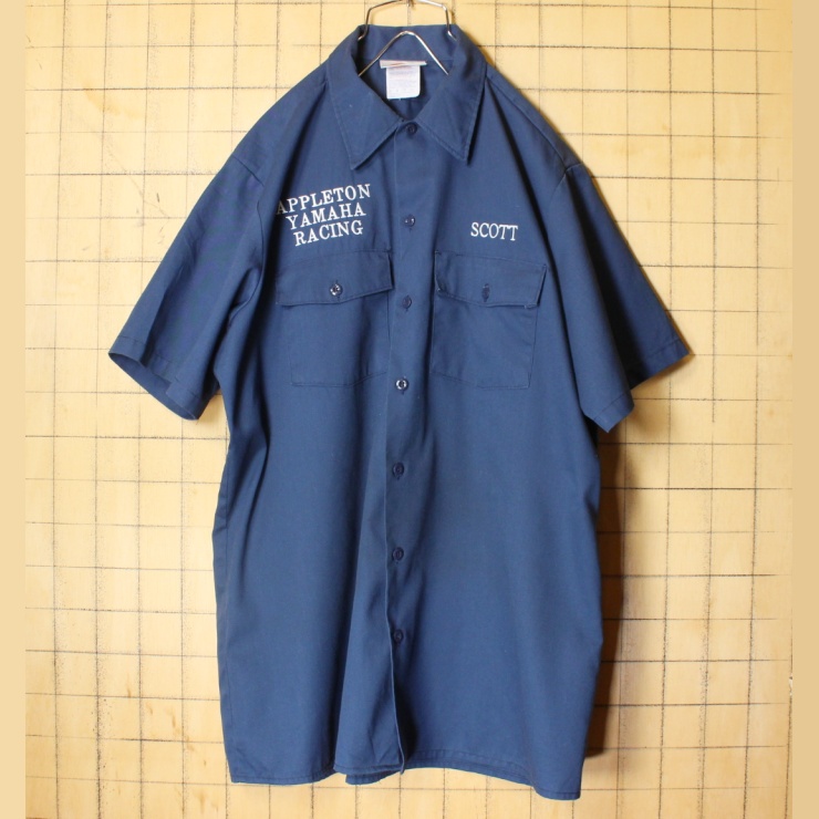 80s 90s USA製 Dickies ディッキーズ 半袖 ワーク シャツ ネイビー ブルー メンズL 刺繍 アメリカ古着