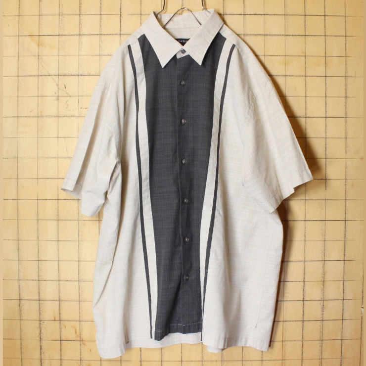USA VAN HEUSEN バンヒューゼン ボックス シャツ メンズL 半袖 ベージュ アメリカ古着