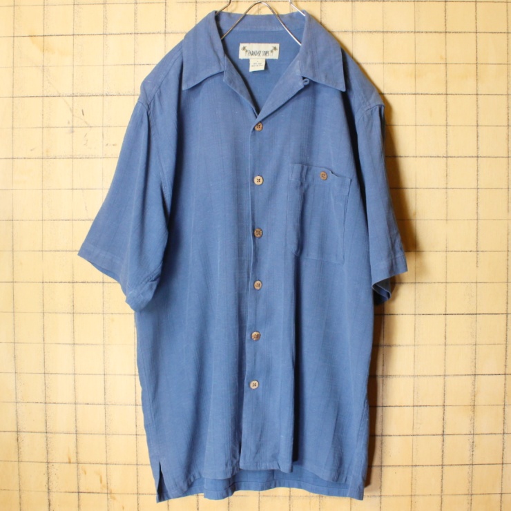 USA PARADiSE COVES シルク ボックス ストライプ オープンカラー シャツ メンズS 半袖 ブルー アメリカ古着