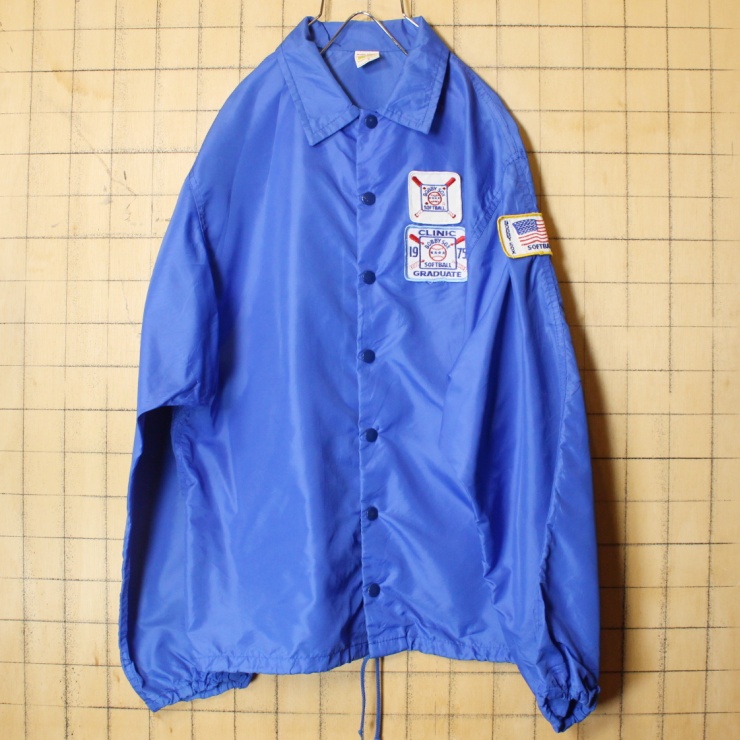 60s 70s USA製 RUSSELL ATHLETIC ナイロン コーチ ジャケット ワッペン ブルー メンズS アウトドア アメリカ古着