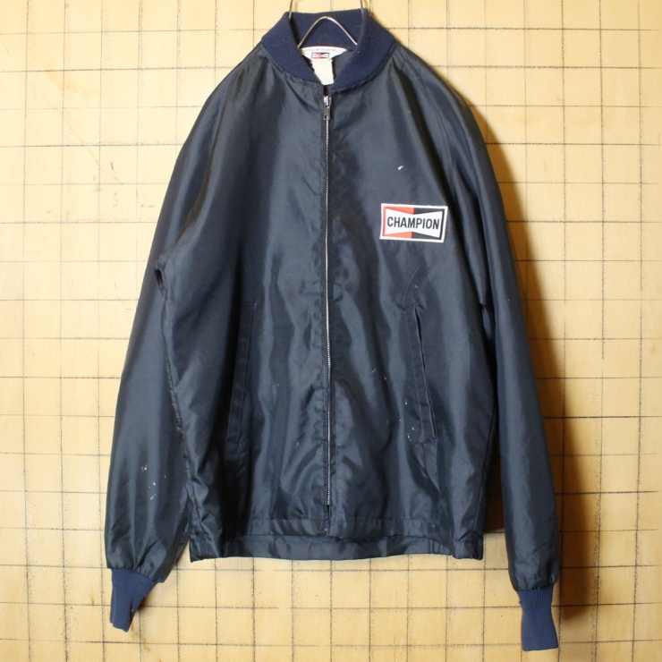 70s USA製 CHAMPION SPARK PLUG チャンピオンプラグ ナイロンジャケット ワッペン ネイビー メンズS ジップアップ  アメリカ古着