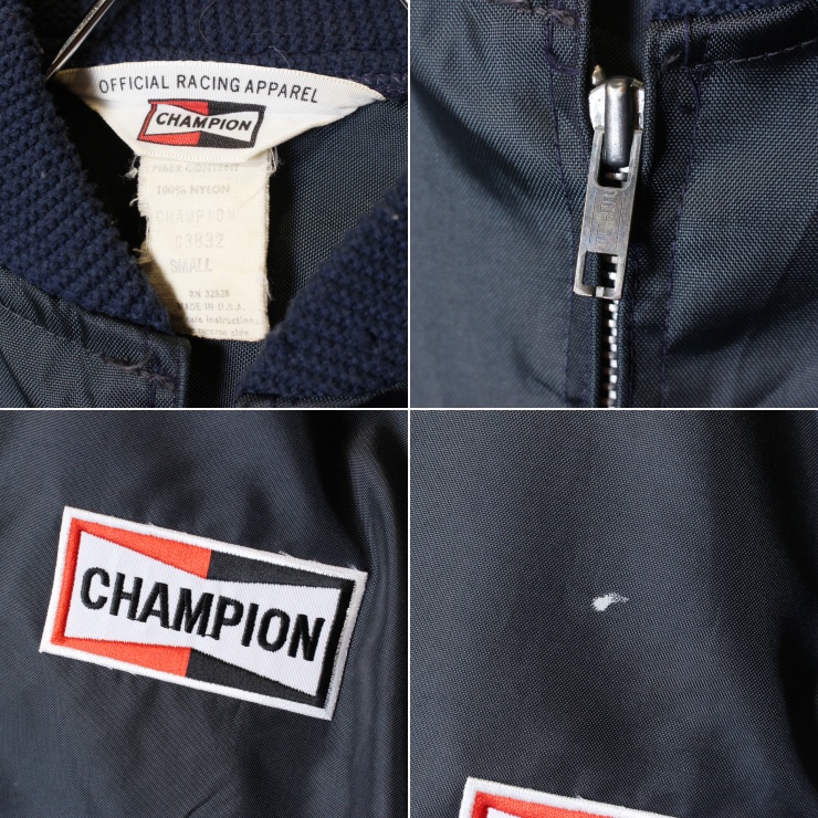 70s USA製 CHAMPION SPARK PLUG チャンピオンプラグ ナイロンジャケット ワッペン ネイビー メンズS ジップアップ  アメリカ古着