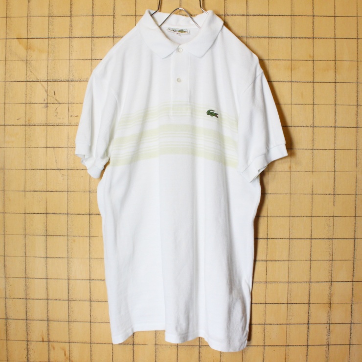 70s 80s フランス製 フレンチラコステ Lacoste 半袖 ボーダー ポロシャツ ホワイト メンズSM相当 ワンポイント ヨーロッパ古着 033122ss79