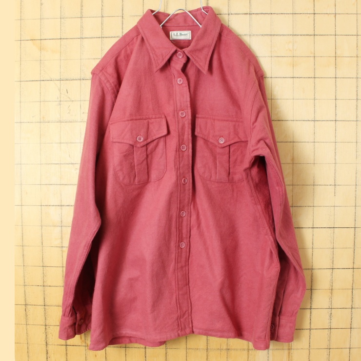 70s 80s USA製 LLBean シャモアクロス コットン シャツ ピンク レディースXL相当 メンズL相当 長袖 アメリカ古着