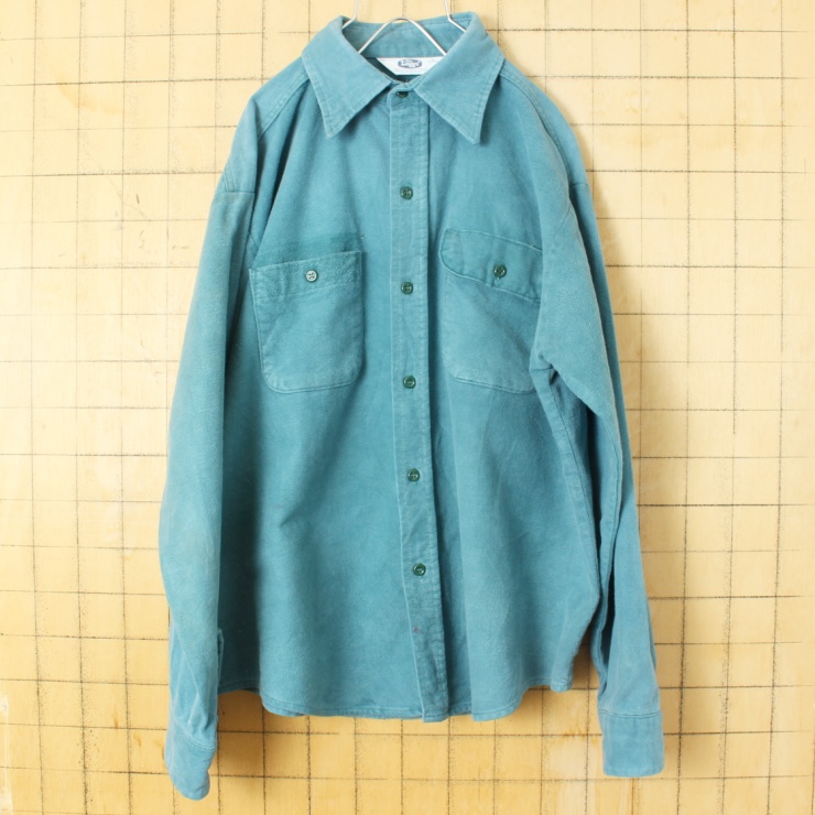 70s 80s USA製 Mr.Leggs コットン シャモアクロス シャツ グリーン メンズL 長袖 アメリカ古着