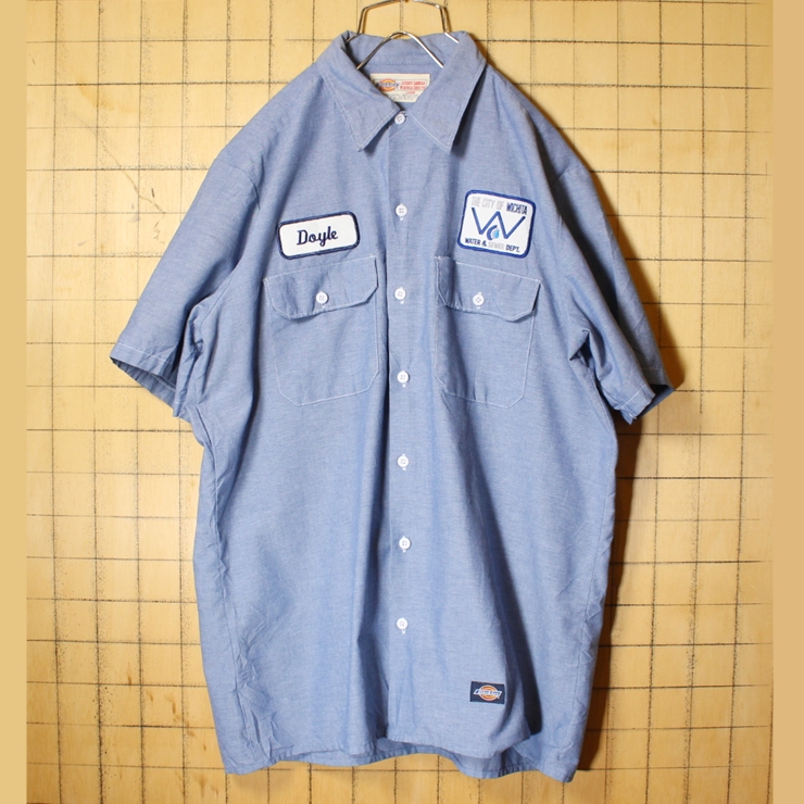 ビッグサイズ 80s 90s USA製 Dickies ディッキーズ 半袖 ワークシャンブレー シャツ ブルー メンズL ワッペン アメリカ古着