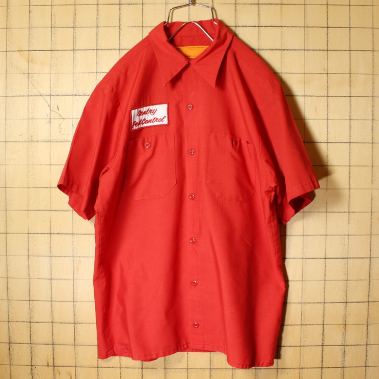 70s 80s USA製 RED KAP レッドキャップ 半袖 ワーク シャツ レッド 赤 メンズM ワッペン アメリカ古着