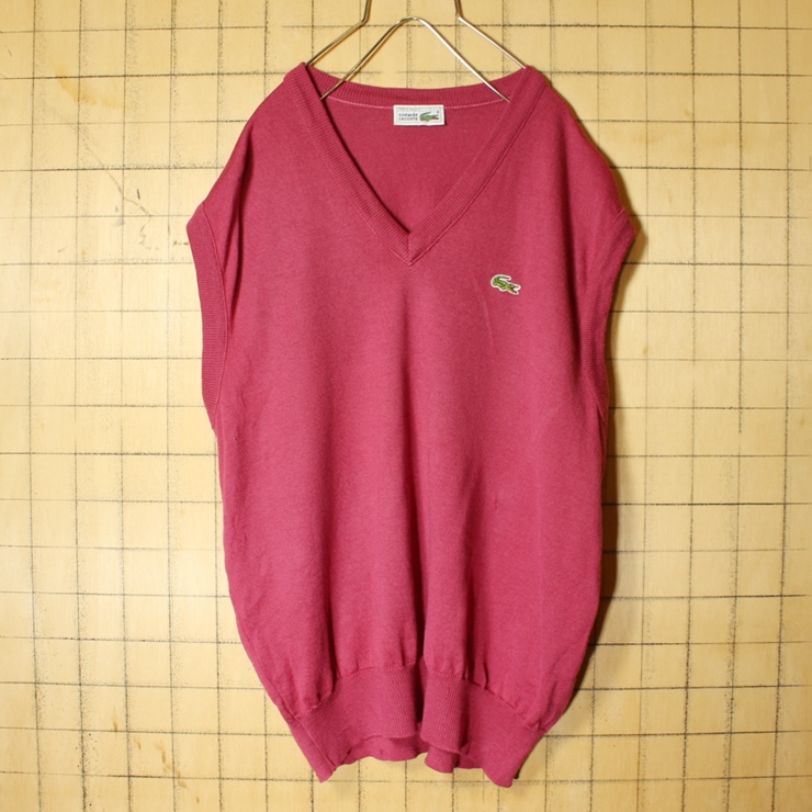 80s フランス製 フレンチ ラコステ LACOSTE ウール ニット ベスト Vネック レッドパープル メンズL相当 ヨーロッパ古着