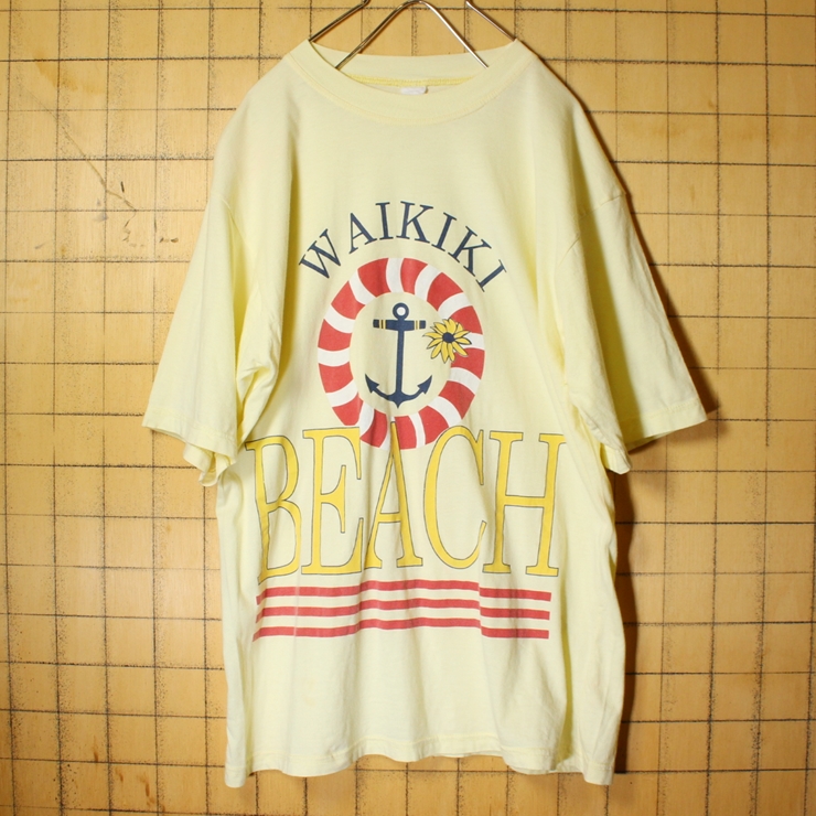 EURO WAIKIKI BEACH プリント Tシャツ イエロー メンズSM相当 ヨーロッパ古着