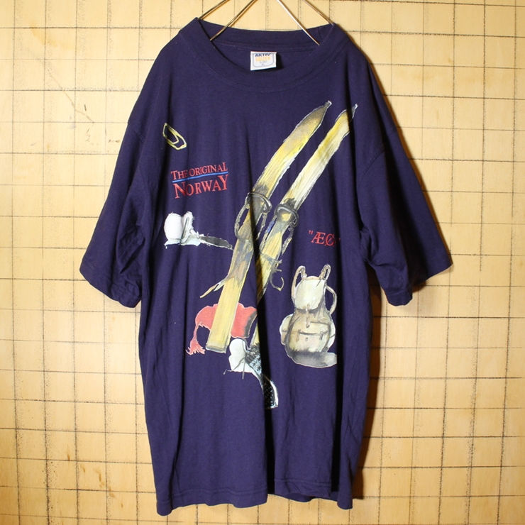 EURO THE ORIGINAL NORWAY プリント Tシャツ ネイビー ブルー メンズXL ヨーロッパ古着