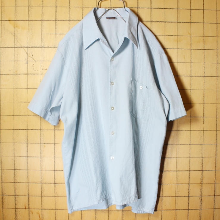 60s 70s EURO LINOMON ボックス シャークカラー シャツ ライトブルー メンズML相当 半袖 オープンカラー 開襟 古着