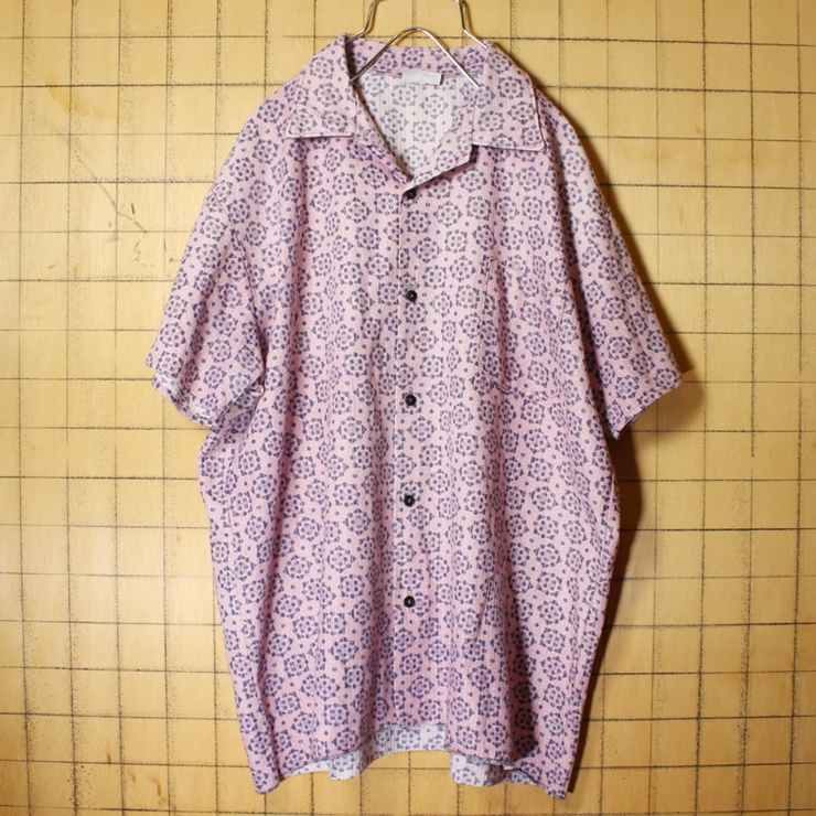 60s 70s EURO permaflott ボックス シャークカラー 総柄 シャツ ピンク メンズL相当 半袖 オープンカラー 幾何学模様 古着