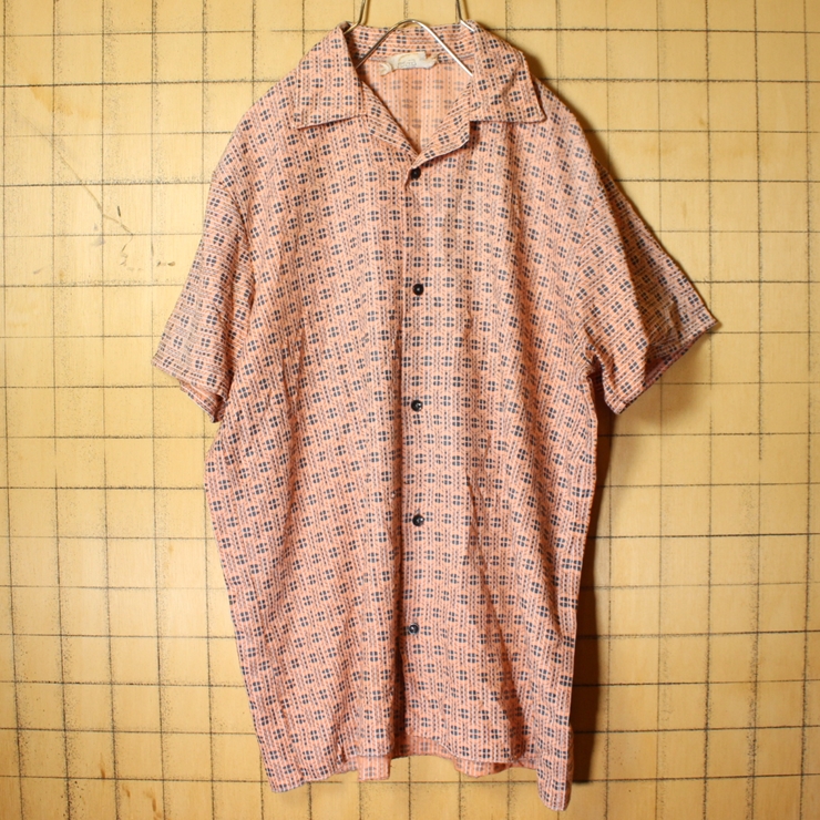 60s 70s EURO permaflott ボックス シャークカラー 総柄 シャツ オレンジ メンズM相当 半袖 オープンカラー 幾何学模様 古着
