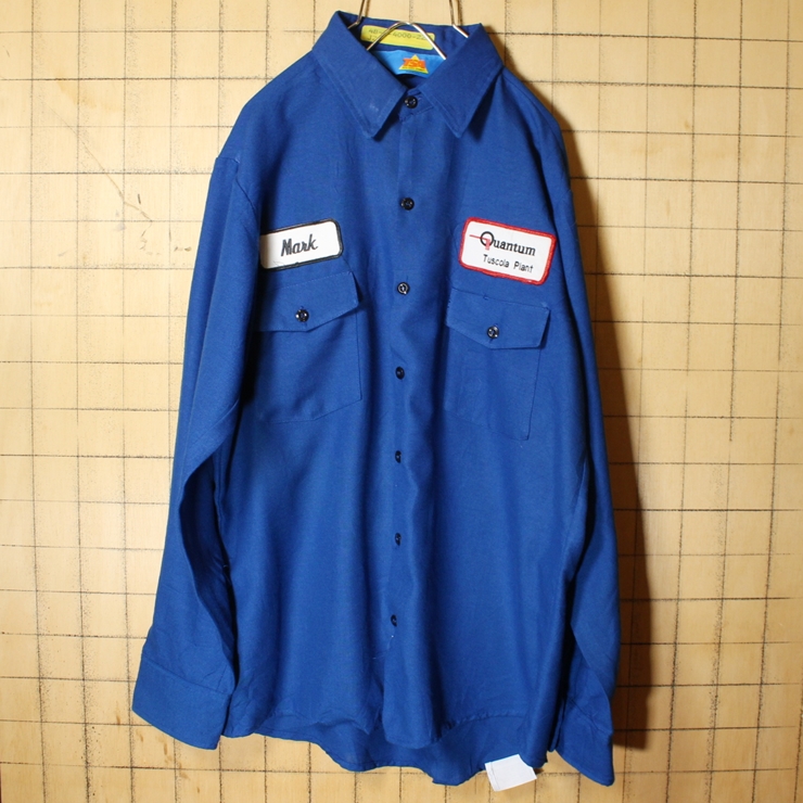 70s 80s USA製 ワッペン ワーク シャツ ブルー メンズML相当 長袖 TOPPS SAFETY APPAREL アメリカ古着