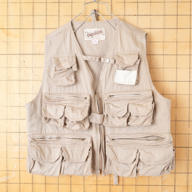 80s 90s Expedition フィッシングベスト メンズM ベージュ 釣り アウトドア キャンプ アメリカ古着