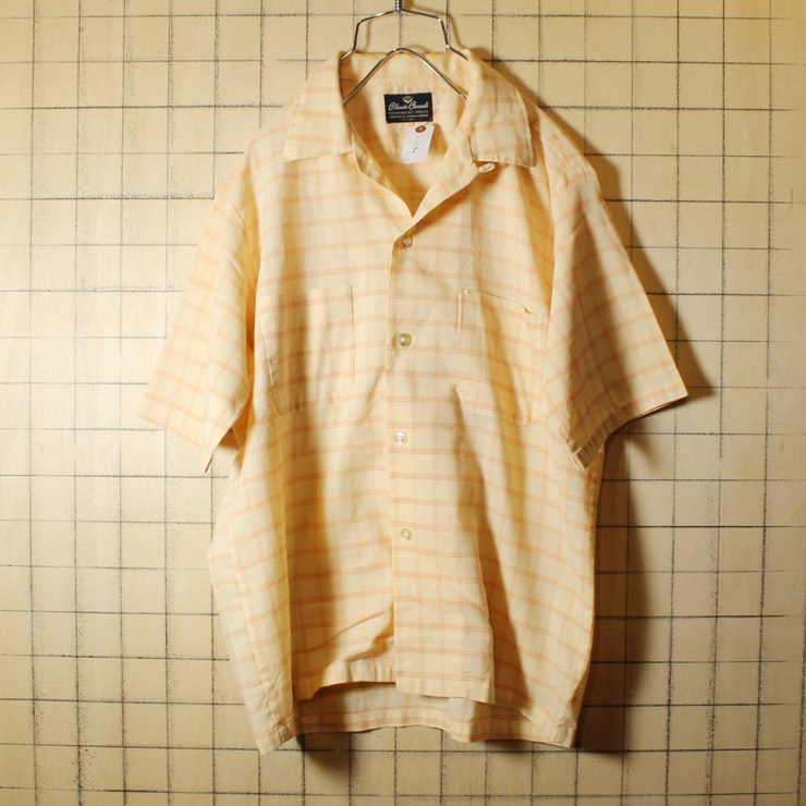 60s Classic Casuals ビンテージ オープンカラー チェック 半袖 ボックスシャツ オレンジ メンズM 開襟 古着