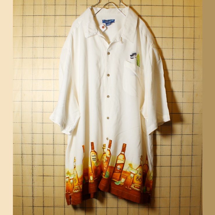 puritan ピューリタン テキーラ プリント 半袖 レーヨン オープンカラー ボックスシャツ ホワイト メンズ2XL 古着 ビッグシルエット 開襟