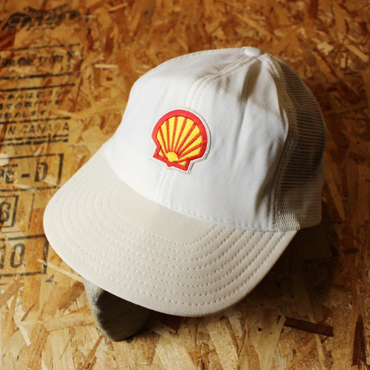 USA製 古着 SHELL シェル ワッペン ホワイト メッシュキャップ 帽子 フリーサイズ 白