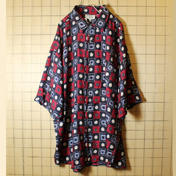 80s 幾何学模様 総柄 半袖 シルク シャツ ネイビー エンジ メンズXL 古着 ビッグシルエット PURE SILK