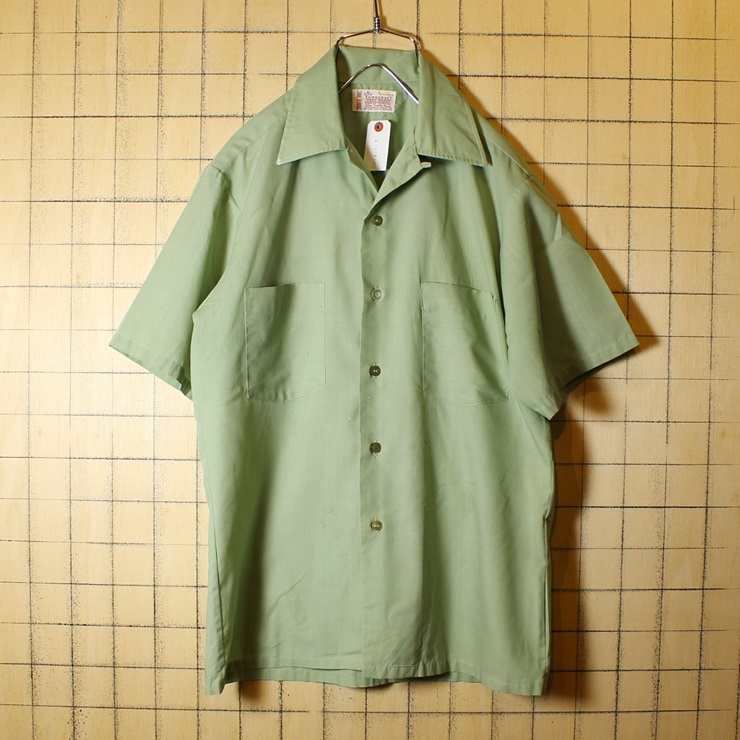 60s-70s Penneys ビンテージ オープンカラー ボックスシャツ ライトグリーン メンズS 無地 開襟 半袖 古着 ss87