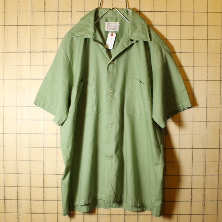60s Penneys ビンテージ オープンカラー ボックスシャツ 無地 開襟 半袖 USA製 古着 ライトグリーン メンズM