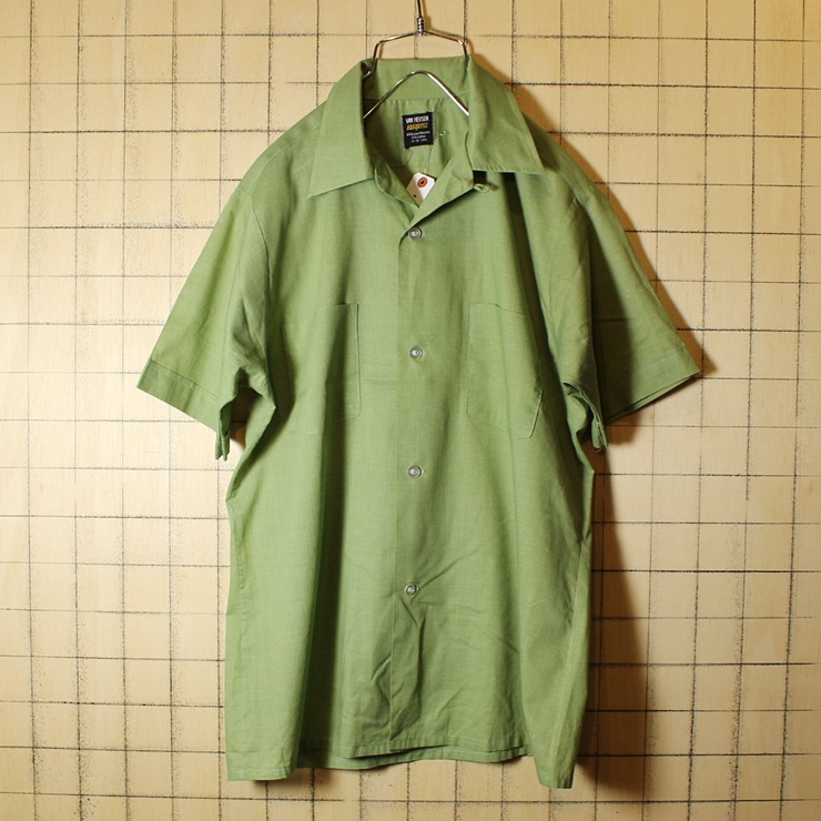 60s VAN HEUSEN バンヒューゼン ビンテージ オープンカラー ボックスシャツ 無地 開襟 半袖 USA製 古着 グリーン メンズS