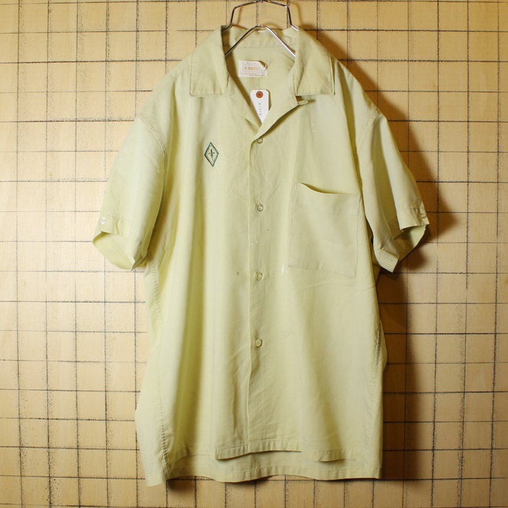 60s BRENT ビンテージ オープンカラー ボックスシャツ ライトイエロー メンズM 刺繍 無地 開襟 半袖 古着 MONTGOMERY WARD