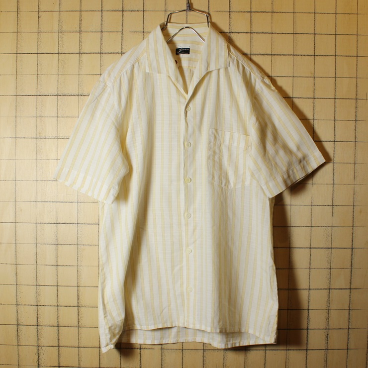 60s Scala ビンテージ オープンカラー ストライプ ボックスシャツ ホワイト イエロー メンズM相当 開襟 半袖 古着