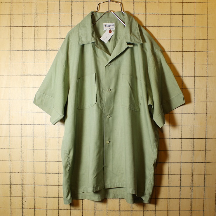 60s Cranbrook ビンテージ オープンカラー ボックスシャツ 無地 開襟 半袖 USA製 古着 グリーン メンズL