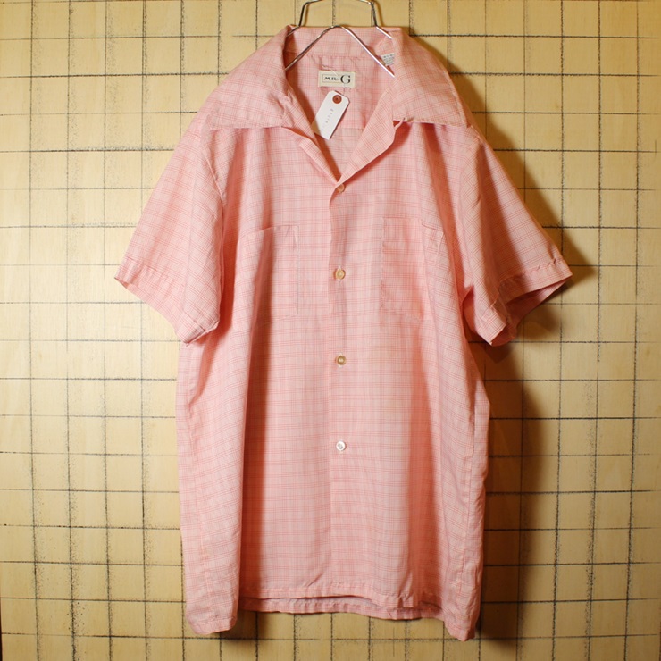 60s-70s Mr.G ビンテージ オープンカラー チェック 半袖 ボックスシャツ ピンク メンズL 開襟 古着