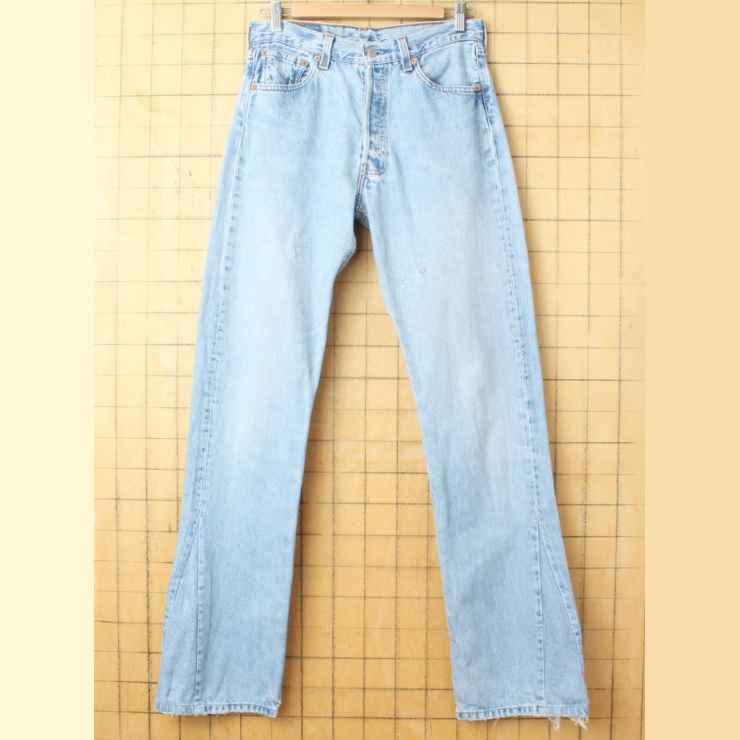 90s USA製 Levis 501 リーバイス ブルー ジーンズ リメイク デニム フレア パンツ W30 アメリカ古着 041223ss169