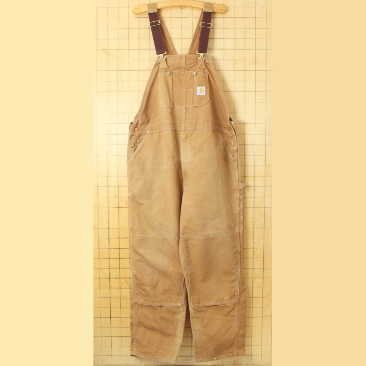 90s USA製 carhartt カーハート ダブルニー ダックオーバーオール ブラウン W46 アメリカ古着